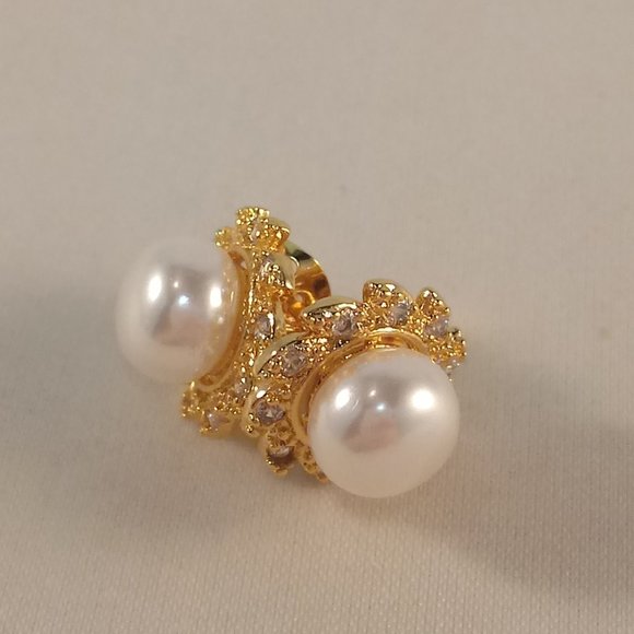 18K Yellow Gold Filled Pearl Swirl Flower Diamond Topaz Zircon Stud Earrings - Picture 3 of 6